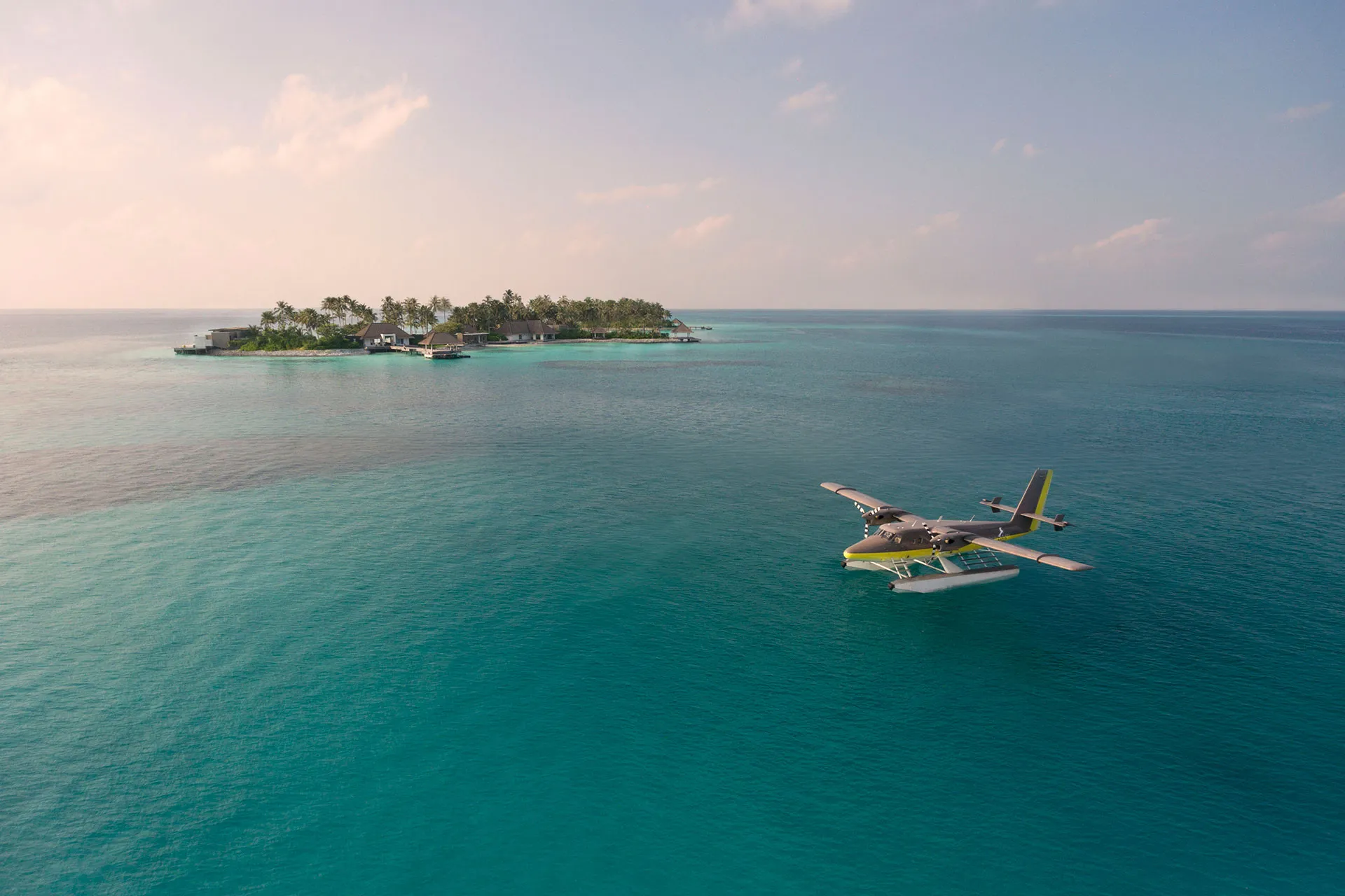 Wasserflieger vor maledivischer Insel